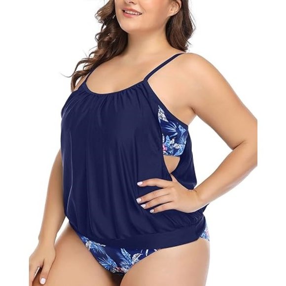 Daci Tankini Swimsuit Two Piece Tummy Control Bathing Suit Loose Fit SZ 16W. f84 - Picture 2 of 9